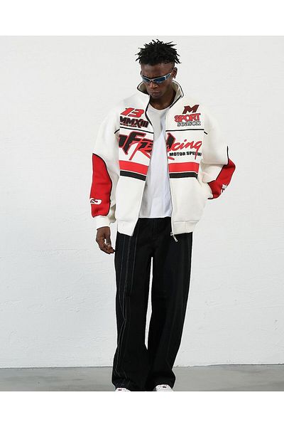 ZENİS Unisex Oversize Racing Stand Collar Racer Cardigan