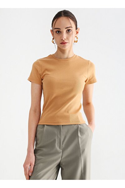 Fabrika Bisiklet Yaka Fitilli Deve Tüyü Kadın T-Shirt TEO