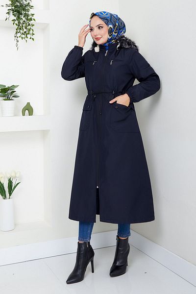 ModaMerve Furry Hooded Bondit Trench Coat - Mss0831-M Navy