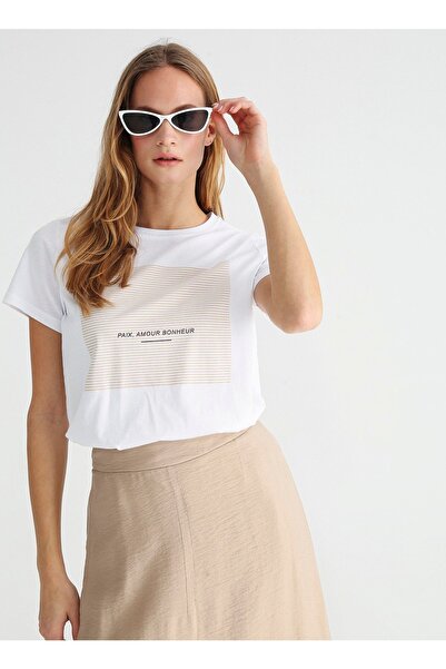 Fabrika Beyaz Kadın Bisiklet Yaka Basic T-Shirt OMAR-2