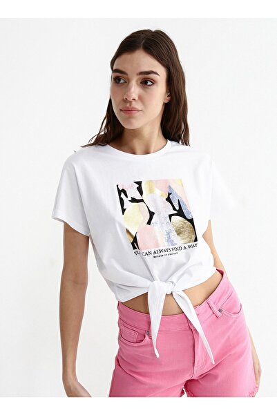 Fabrika Bisiklet Yaka Baskılı Beyaz Kadın T-shirt Arnolı