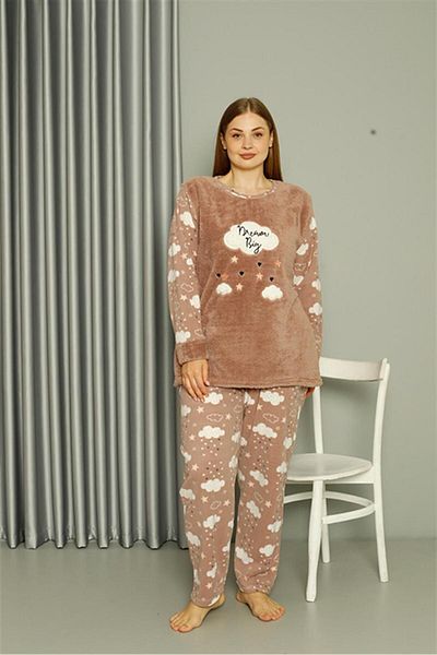 Akbeniz Γυναικείο Σετ Πυτζάμες Welsoft Fleece Plus Size - Milk Brown 808044
