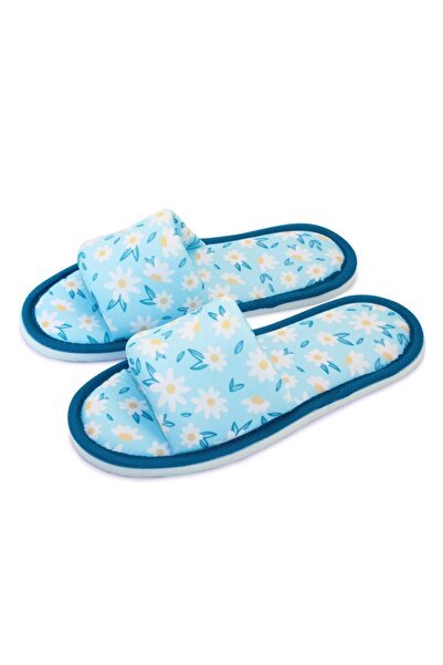 Chochili Papuci de casă pentru femei, albastru, cu model floral, cu talpă moale, deschisă în față