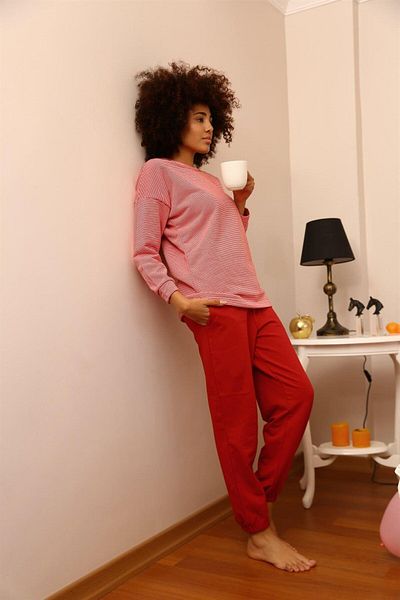 Akbeniz Fashion Striped Women's Long Sleeve Combed Cotton Pajamas Set - 3 Thread 4184
