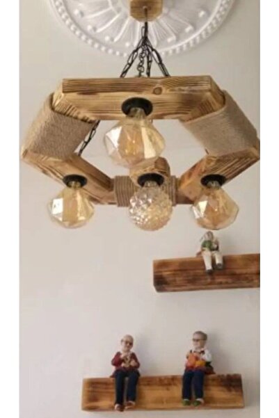 Özcan Life , Dekoratif Rustik  6,gen Ahşap Halat Sarkıt Avize