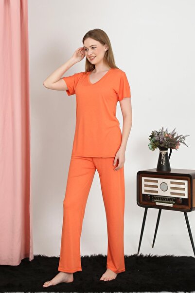Akbeniz Orange Women's Pajama Set - Short Sleeve, Cotton Combed, 4213