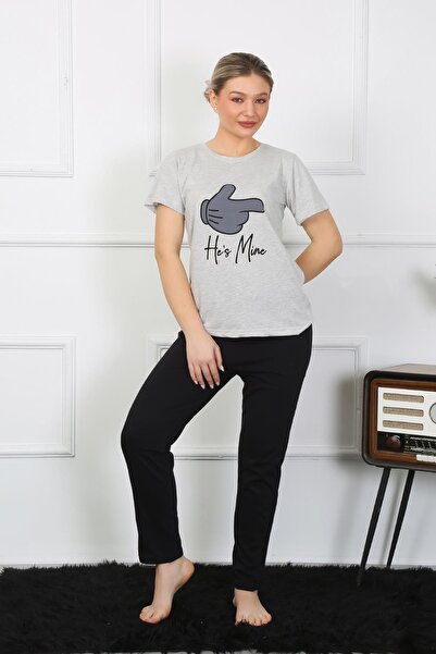 Akbeniz Kadın Pamuk Penye Sevgili Kombini Pijama Takımı Gri 50126 Tek Takım Fiyatıdır