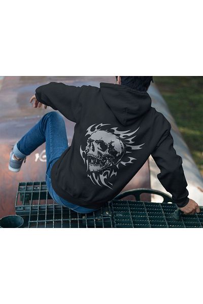 WİDİ Street Style Back Printed Skull Regular Fit 100% Cotton Black Sweatshirt