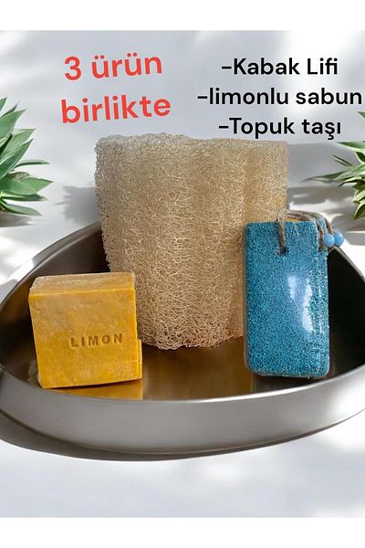 ASLANCAN Set of 3 Natural Pumpkin Fiber, Natural Lemon Soap, Pomice Heel Stone