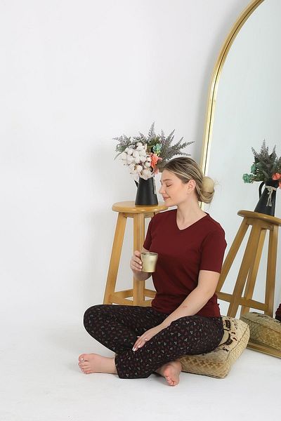 Akbeniz Set de pijamale pentru femei cu mânecă scurtă din bumbac roșu Claret - 4214