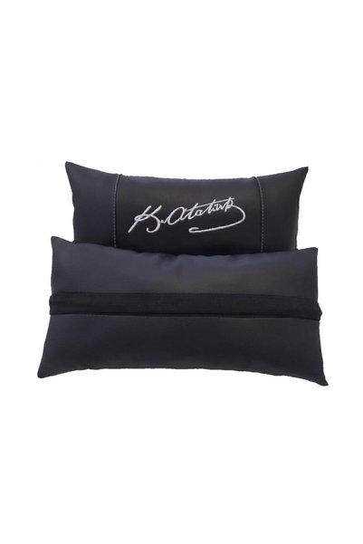 BAY E COLLECTİON Ataturk Signature Set of 2 Black Leather Auto Seat Neck Pillow Car Vehicle Travel Seat Pillow