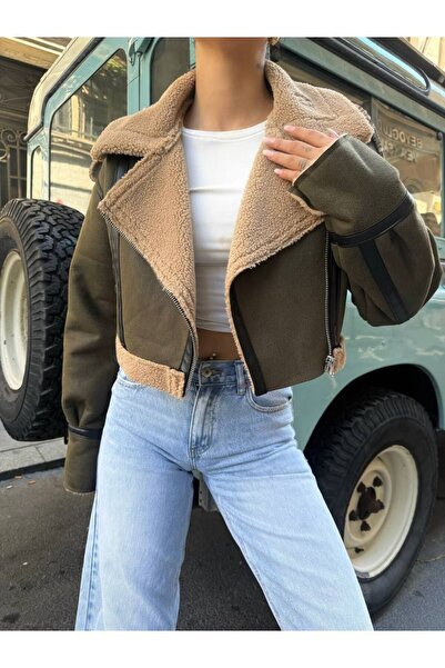 OlaLady Women's Crop Biker Jacket - Faux Suede with Faux Fur Inside