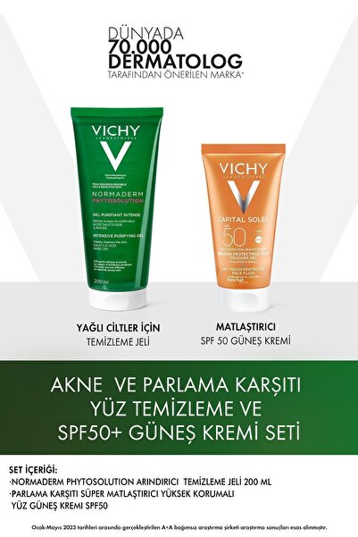 Vichy Akne ve Parlama Karşıtı Yüz Temizleme ve SPF50+ Güneş Kremi Seti