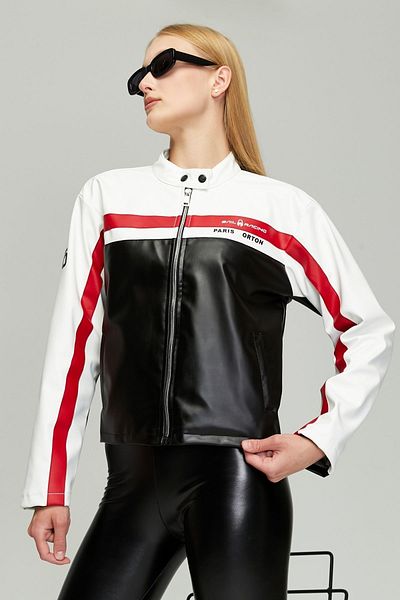 Black Level Jachetă de motociclist cu imprimeu pentru femei oversize albă - palton de curse din piele cu fermoar
