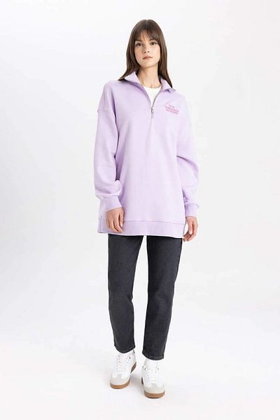DeFacto Soft Furry Zippered Sweatshirt Tunic - Stand Collar, Printed C6010Ax24Sp
