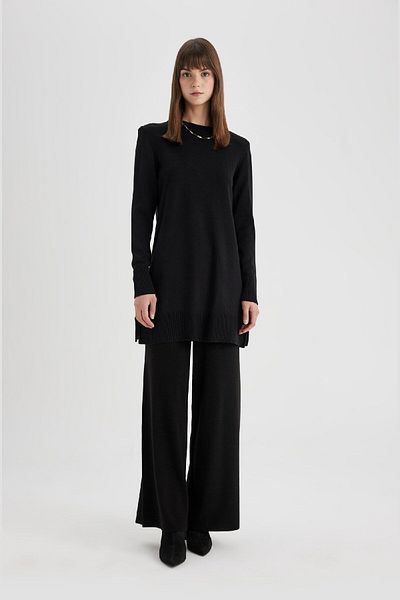 DeFacto Relax Fit Ελαστική μέση με φαρδύ πόδι Basic Knitwear Μαύρο παντελόνι V0088az24au