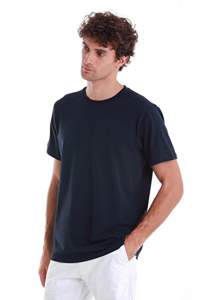 Hatemoğlu Синій Regular Fit Прямий бавовняний трикотажний футболка з коміром-стійкою