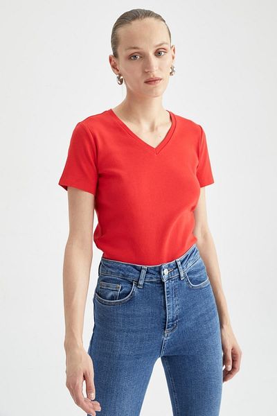 DeFacto Tričko Slim Fit Rib s výstřihem do V – 100% bavlna, krátký rukáv, I1080Az23Sm