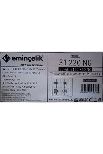 Eminçelik Ec-ah 3140 We60 Ankastre Gömmeli Beyaz Emaye Ocak Sancak Alimer