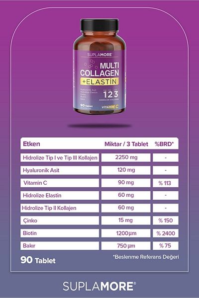 Suplamore Collagen Multi Collagen and Elastin - Hydrolyzed Type1, Type2, Type3 - 90 Tablets