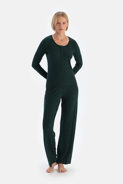 Dagi Viskose-Unterhemd, dunkelgrünes Langarm-T-Shirt und Hose-Pyjama-Set