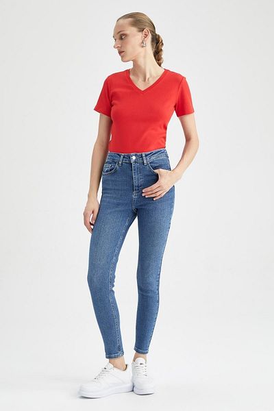 DeFacto Tričko Slim Fit Rib s výstřihem do V – 100% bavlna, krátký rukáv, I1080Az23Sm