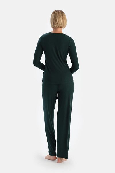Dagi Viskose-Unterhemd, dunkelgrünes Langarm-T-Shirt und Hose-Pyjama-Set