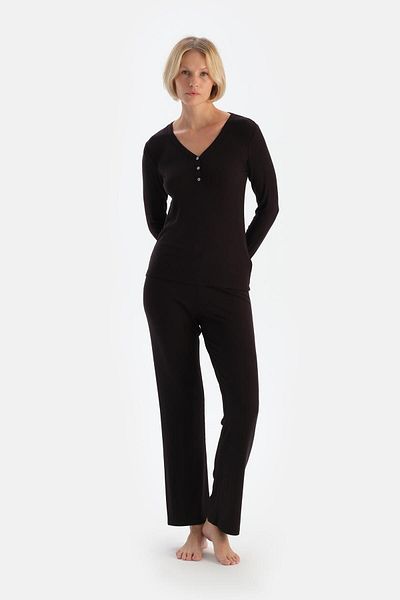 Dagi Viskose-Unterhemd, dunkelbraunes Langarm-T-Shirt und Hose-Pyjama-Set