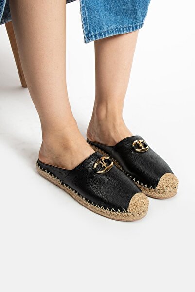 FOLLİNİ Μαύρες γυναικείες παντόφλες Espadrille από γνήσιο δέρμα