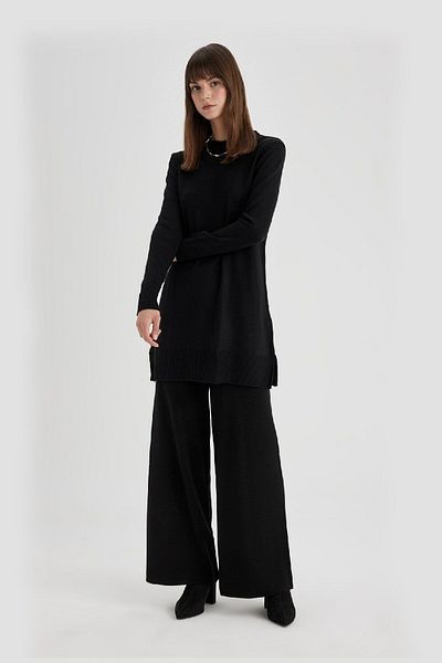 DeFacto Relax Fit Ελαστική μέση με φαρδύ πόδι Basic Knitwear Μαύρο παντελόνι V0088az24au