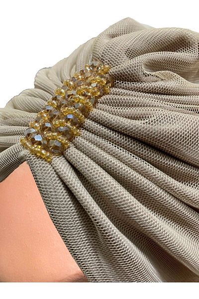 fidan bone Design Tulle Crystal Stone Embroidered Double Sided Lined Light Beige Ready Turban Hijab Evening Dress Bonnet.