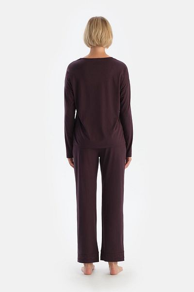Dagi Plum Lace Detailed Boat Neck Combed Cotton Modal Pajama Set
