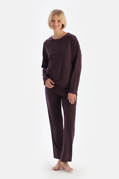 Dagi Plum Lace Detailed Boat Neck Combed Cotton Modal Pajama Set