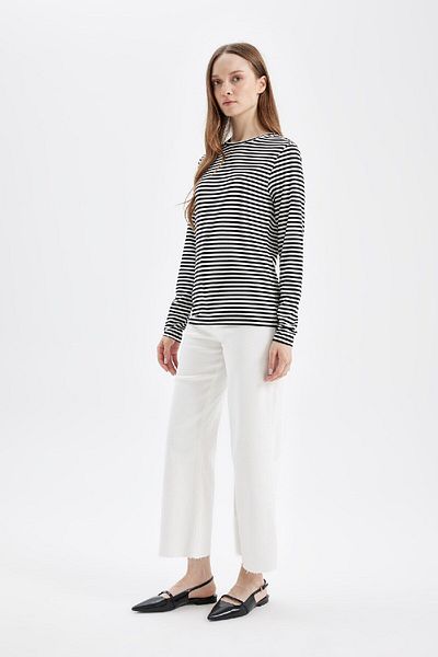 DeFacto Crew Neck Striped Basic Plain Long Sleeve T-Shirt Tunic D5492Ax24Au