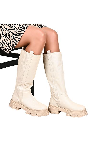 NOOSY Women's Long Boots - Cream Patterned and Thick Sole
