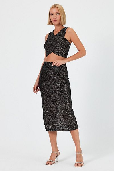 soBasic Copper Color Crop Blouse and Skirt Two-Piece Set - Back Zip, Split Detail