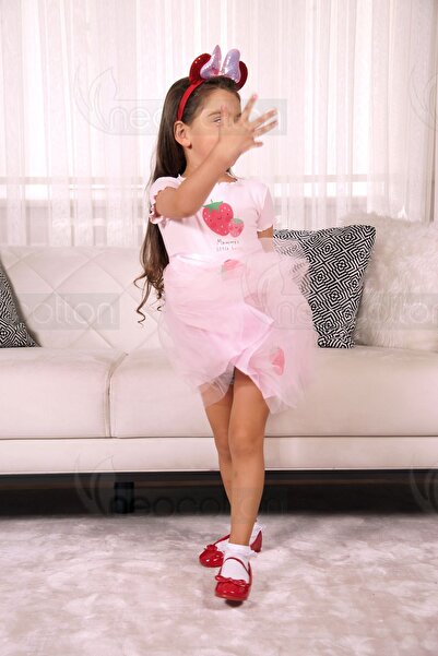 neocotton Çilek Baskılı Kız Çocuk Elbise Katlı Tüllü Astarlı Üst Kısım Ribana Kumaş