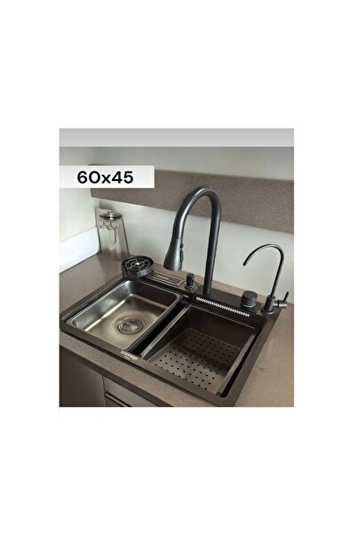 NURKA Ekser 60x45 Akıllı Evye seti teknolojik bataryalı şelale Evye siyah siy...