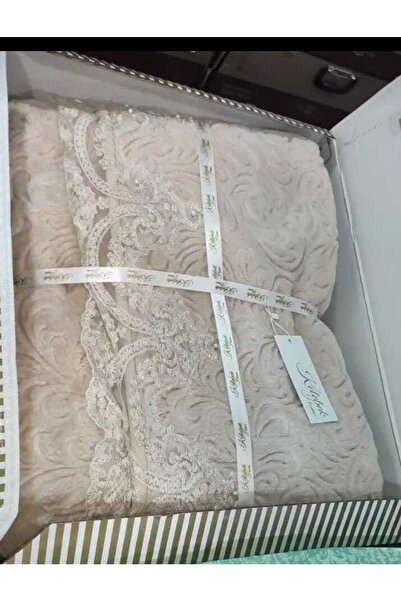 Kelebek Kahverengi Çift Kişilik Fransız Güpürlü Battaniye Set, Çeyizlik Battaniye Seti