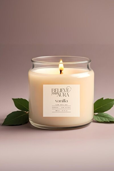 Believe Your Aura Vanilya Kokulu Kavanoz Mum - %100 Doğal Soya Mumu Ahşap Kap...