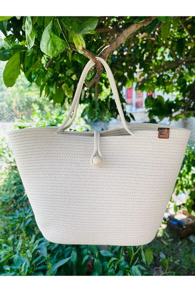 Metasupla Τσάντα παραλίας Unisex από άχυρο γιούτας σε κρεμ χρώμα - Vegan Handle Bag