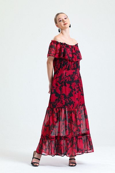 Sense Red Black Chiffon Dress - Flounce and Lined, Sleeveless| Elb34301