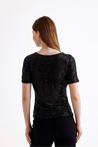 Sense Black Sequined Short Sleeve Evening Dress Blouse - Blz35540