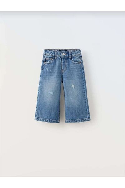 Hzmis Pantaloni largi pentru fete, rupte, cu picior largi, cu talie elastică, blugi din denim, pantaloni, picior lat