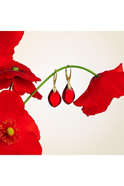 Amber by Mazukna Kırmızı Köşeli Damla Kesim Kehribar Küpe, 925 Gümüş Altın Kaplama Kilit, Sertifikalı