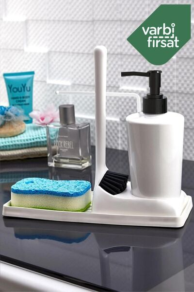 Varbifırsat Soft Silicone Brushed Countertop Kitchen Bathroom Liquid Soap Dispenser Set Sponge Holder Cloth Set