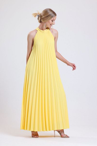 Sense Rochie de seara lunga din sifon plisat galben - rochie captusita |   Elb35127