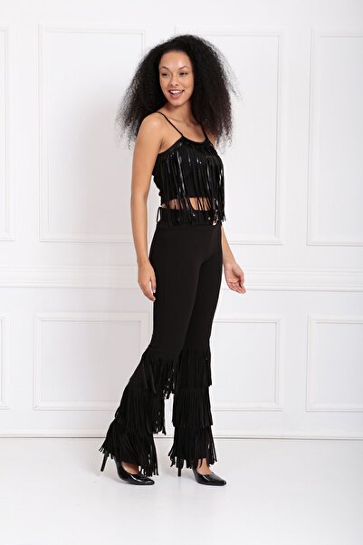 Sense Kemerli Paçaları Püsküllü Scuba Krep Pantolon | Pnt33396 Siyah