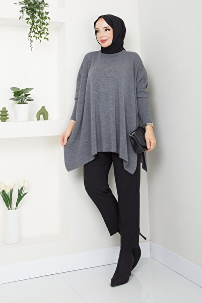 MODAMERSİ Ανθρακί Πλεκτό Γυναικείο Πουλόβερ Oversize Slit