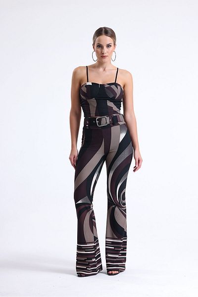 Sense Patterned Ottoman Belted Trousers| Pnt35240 Brown Beige Black Patterned